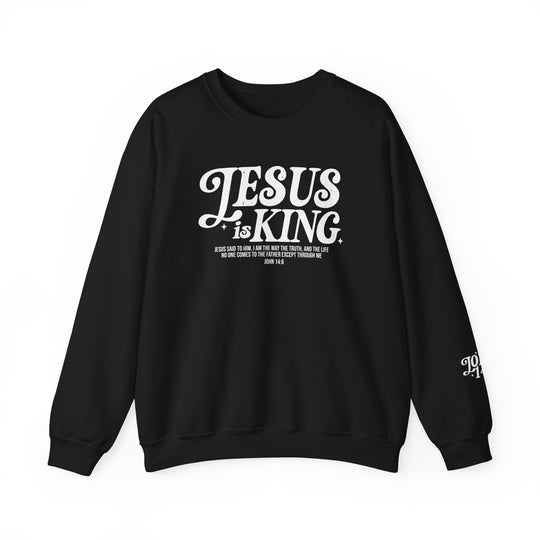 Jesus is King Crew black sweatshirt with white text, featuring a ribbed knit collar and a comfortable polyester-cotton blend, ideal for casual wear.
