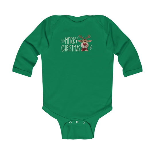 Merry Christmas Reindeer Onesie: Green infant long-sleeved bodysuit featuring a festive reindeer graphic, perfect for holiday celebrations. Soft, durable fabric with easy-change plastic snaps.