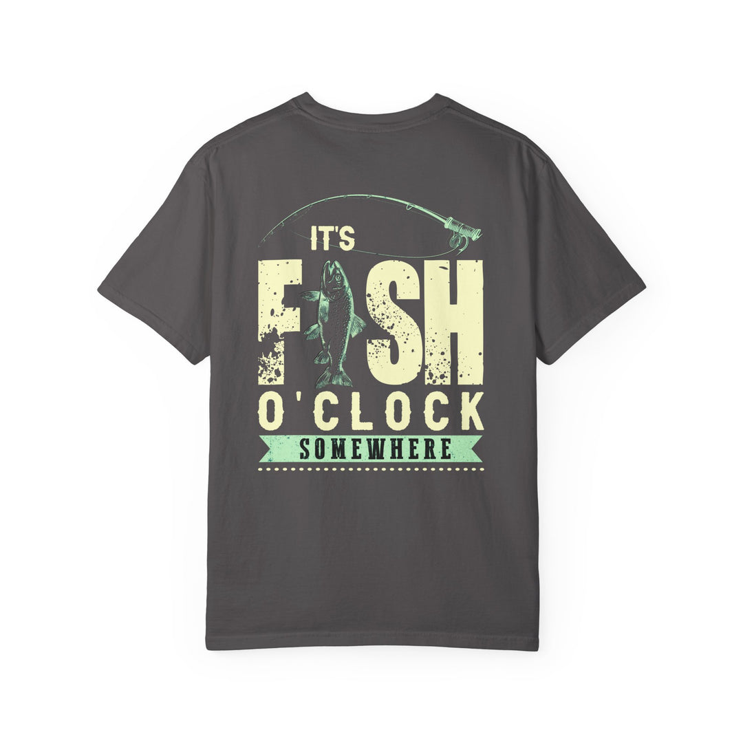 It's Fish O'clock Somewhere Tee, a relaxed-fit, garment-dyed t-shirt featuring durable double-needle stitching and tubular design for a cozy, customizable wear.