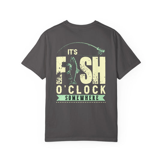 It's Fish O'clock Somewhere Tee, a relaxed-fit, garment-dyed t-shirt featuring durable double-needle stitching and tubular design for a cozy, customizable wear.