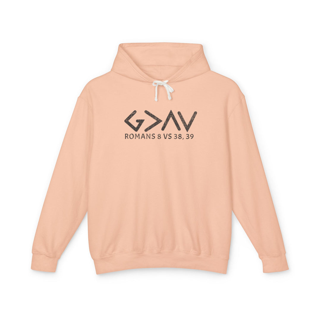 God is Greater Hoodie - Matching Set: A pink hoodie with black text, featuring a jersey-lined hood and white flatcord, crafted from 100% ring-spun US cotton.