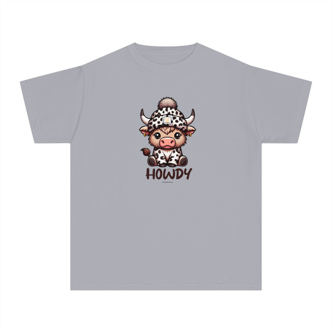Kid's Howdy Tee: Cartoon cow design on grey tee. 100% cotton for comfort and agility. Classic fit for all-day wear. Perfect for active kids. Worlds Worst Tees.