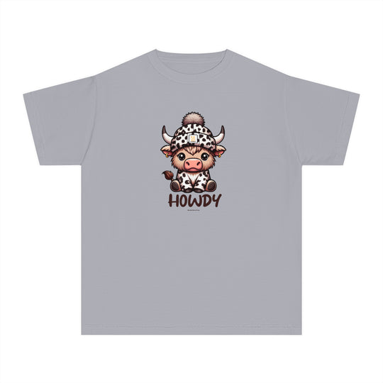 Kid's Howdy Tee: Cartoon cow design on grey tee. 100% cotton for comfort and agility. Classic fit for all-day wear. Perfect for active kids. Worlds Worst Tees.
