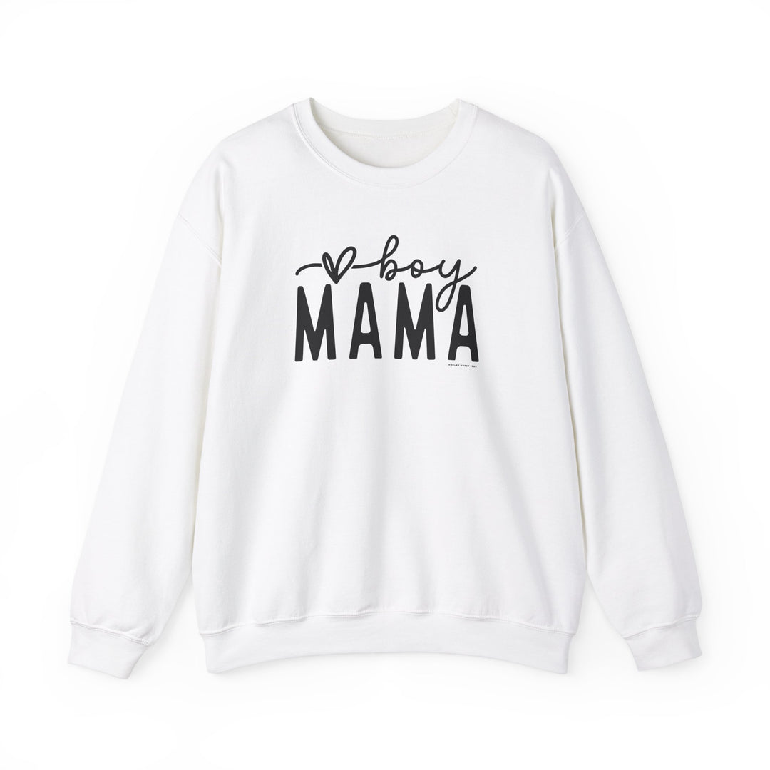 A comfortable unisex Boy Mama Crew sweatshirt in white with black text. Made of 50% cotton, 50% polyester, ribbed knit collar, no itchy side seams. Medium-heavy fabric, loose fit, true to size.