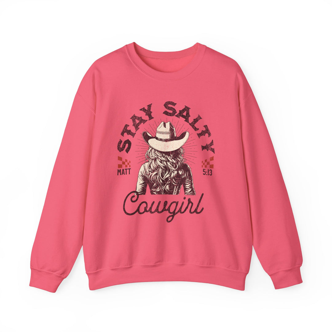 Pink Stay Salty Crew sweatshirt featuring a woman in a cowboy hat, blending casual style with a unique graphic for a relaxed, comfortable fit.