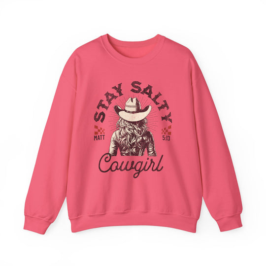 Pink Stay Salty Crew sweatshirt featuring a woman in a cowboy hat, blending casual style with a unique graphic for a relaxed, comfortable fit.