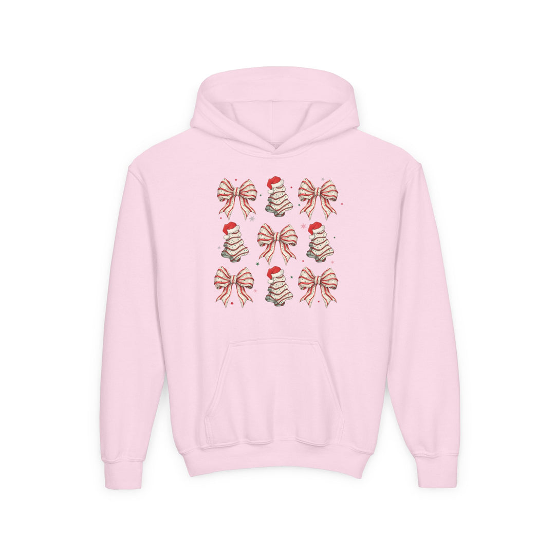 Cookies and Bows Youth Hoodie featuring festive Christmas trees and bows design, ultra-soft fleece with a kangaroo pocket, perfect for holiday cheer.