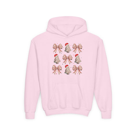 Cookies and Bows Youth Hoodie featuring festive Christmas trees and bows design, ultra-soft fleece with a kangaroo pocket, perfect for holiday cheer.