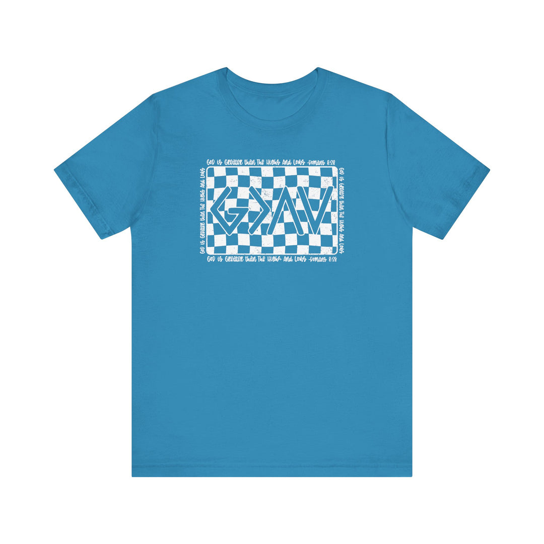 God Highs and Lows Tee: Unisex blue t-shirt with white checkered pattern, featuring soft cotton material and ribbed knit collars for lasting shape and comfort.
