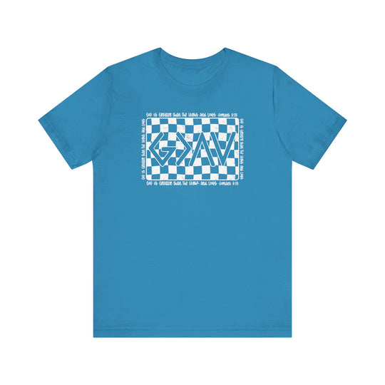 God Highs and Lows Tee: Unisex blue t-shirt with white checkered pattern, featuring soft cotton material and ribbed knit collars for lasting shape and comfort.
