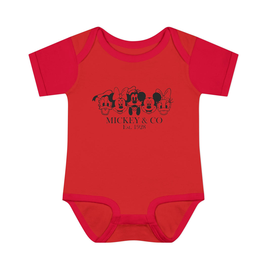 Mickey and CO Onesie, a soft, 100% ring-spun cotton infant bodysuit with lap shoulders for easy dressing, ideal for comfort and mobility.