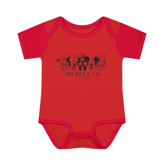Mickey and CO Onesie, a soft, 100% ring-spun cotton infant bodysuit with lap shoulders for easy dressing, ideal for comfort and mobility.