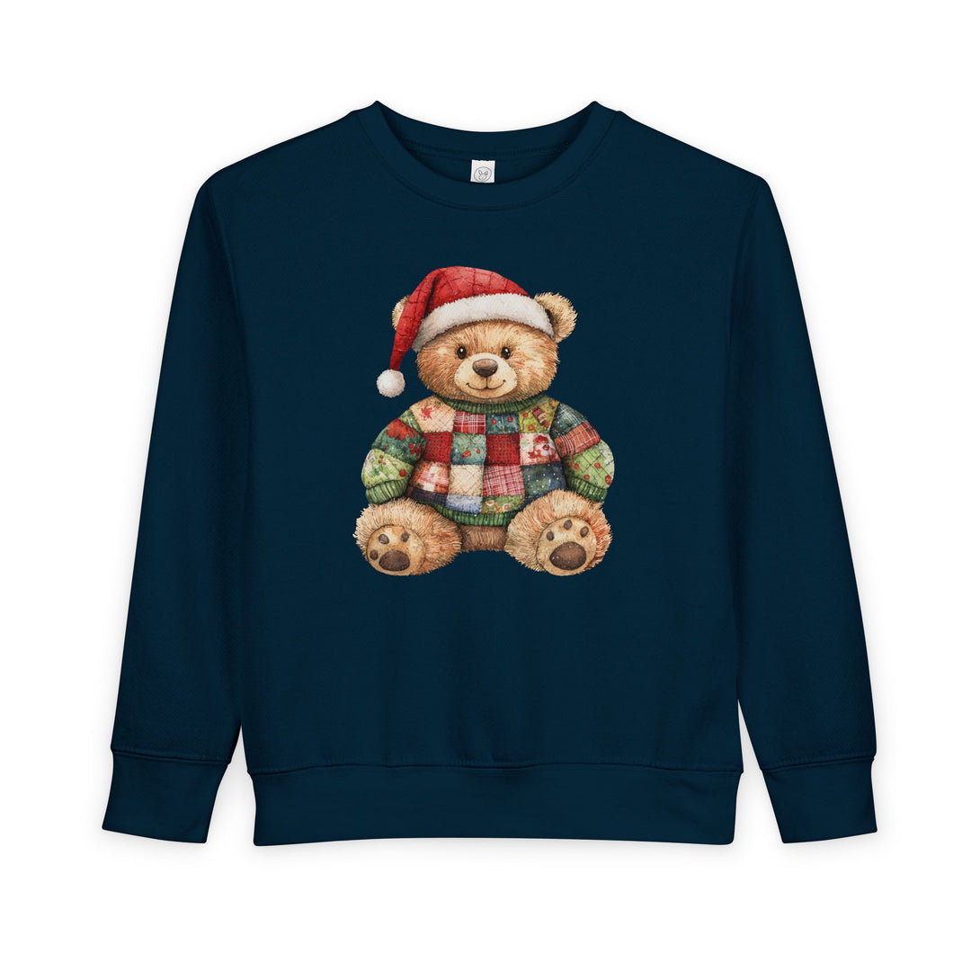 Navy Christmas Bear Toddler Crew sweatshirt featuring a festive teddy bear design with a Santa hat, ideal for cozy, stylish toddler wear.