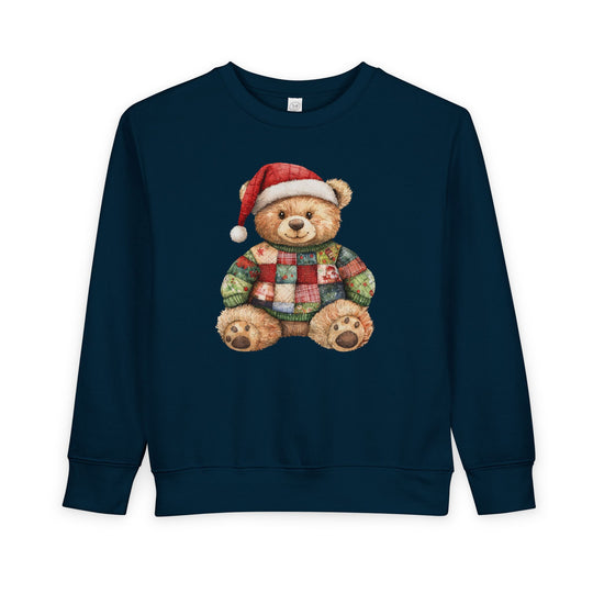 Navy Christmas Bear Toddler Crew sweatshirt featuring a festive teddy bear design with a Santa hat, ideal for cozy, stylish toddler wear.