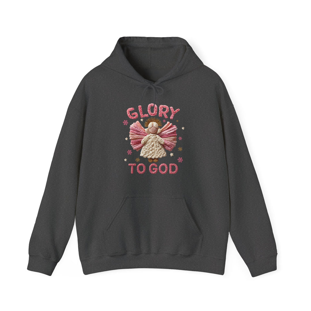Charcoal-gray Glory to God Hoodie featuring a pink-winged angel graphic with stars, kangaroo pocket, and drawstring hood, offering comfort and warmth.