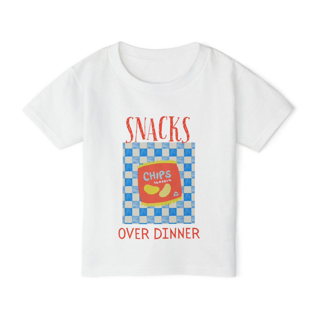 Heavy Cotton™ Toddler T-shirt featuring a playful graphic with a blue-and-white checkerboard and a red Chips Classic bag, ideal for stylish, eco-conscious kids.