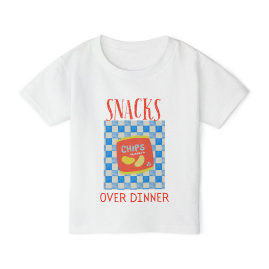 Heavy Cotton™ Toddler T-shirt featuring a playful graphic with a blue-and-white checkerboard and a red Chips Classic bag, ideal for stylish, eco-conscious kids.