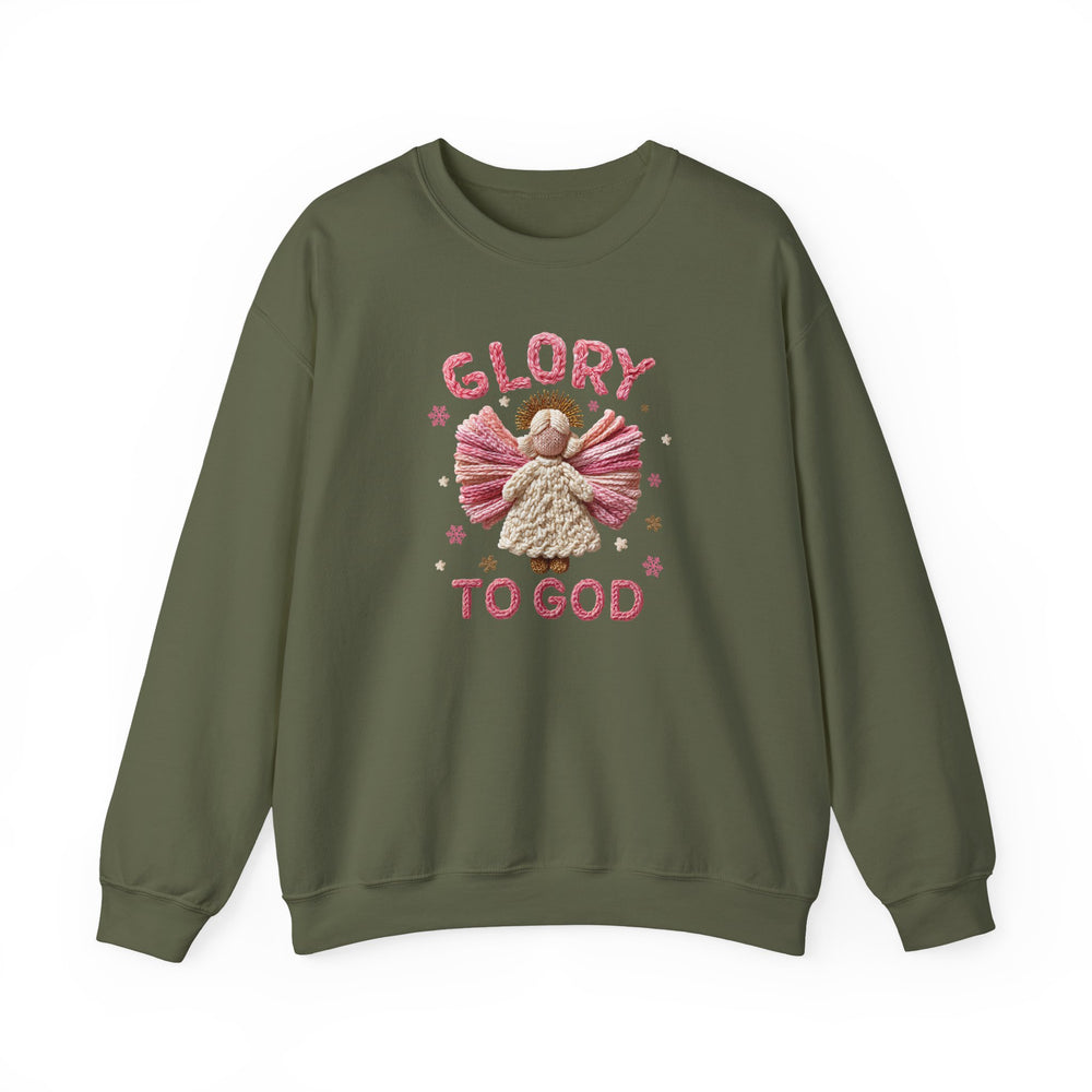 Glory to God Crew sweatshirt featuring an embroidered angel with pink wings, surrounded by stars, in chunky lettering on an army-green background.