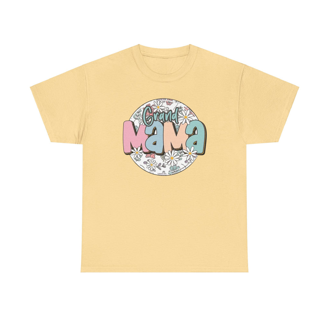Unisex heavy cotton tee with no side seams, ribbed knit collar, and durable tape on shoulders. Classic fit Sassy Grand Mama Flower Tee. Graphic design of flowers on yellow shirt. Sizes S-5XL.