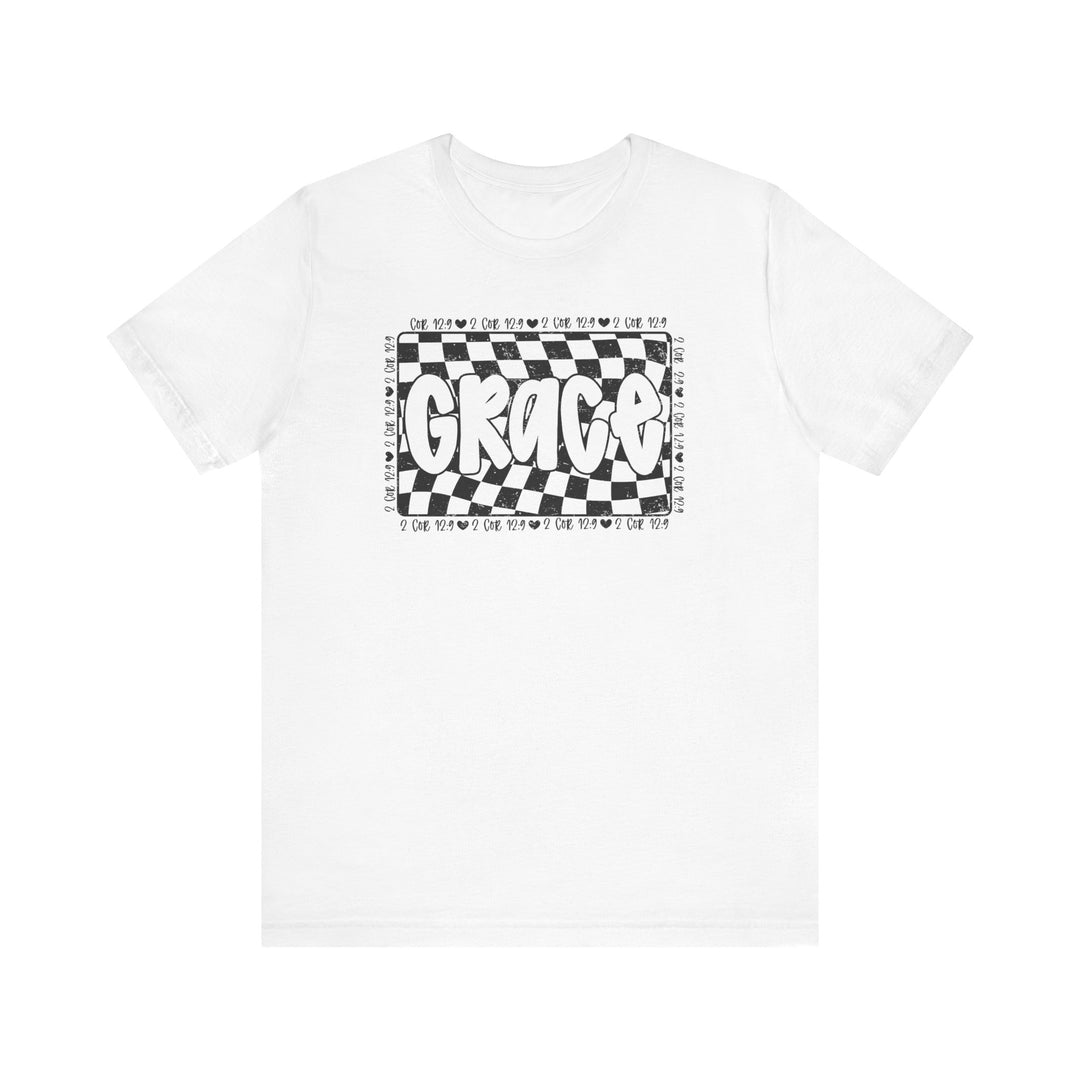 Grace Tee: A white t-shirt featuring a black and white checkered design, crafted from soft cotton with ribbed knit collars and dual side seams for lasting shape.