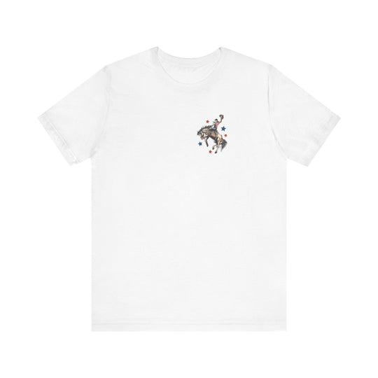 Plain white Make America Country Again Tee featuring a small rodeo graphic with a cowboy on a bucking horse, accented by red and blue stars.