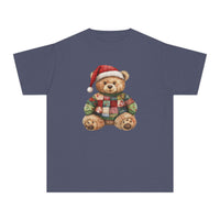 Navy-blue Christmas Bear Kids Tee with teddy bear in Santa hat and patchwork sweater, ideal for active kids. Made from soft, 100% combed ring-spun cotton.