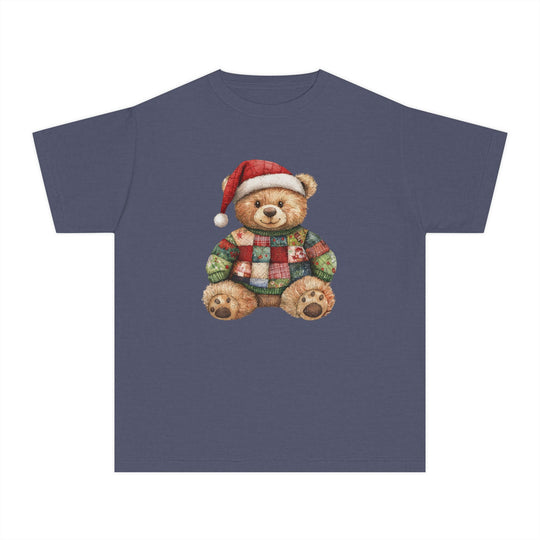Navy-blue Christmas Bear Kids Tee with teddy bear in Santa hat and patchwork sweater, ideal for active kids. Made from soft, 100% combed ring-spun cotton.