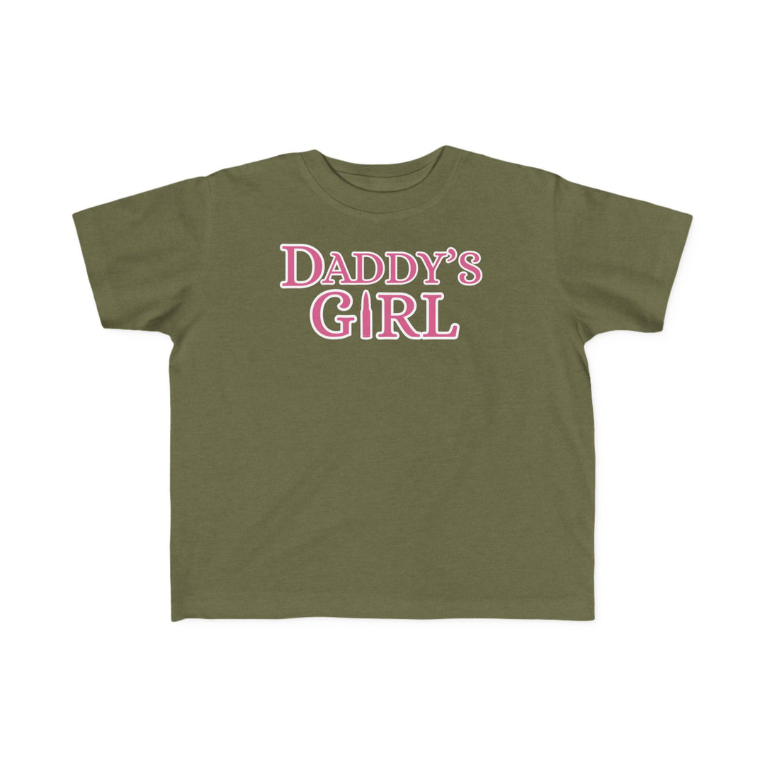 Daddy's Girl Toddler Tee with pink text, designed for softness and durability, ideal for toddlers. Made of 100% combed ringspun cotton, classic fit, tear-away label.