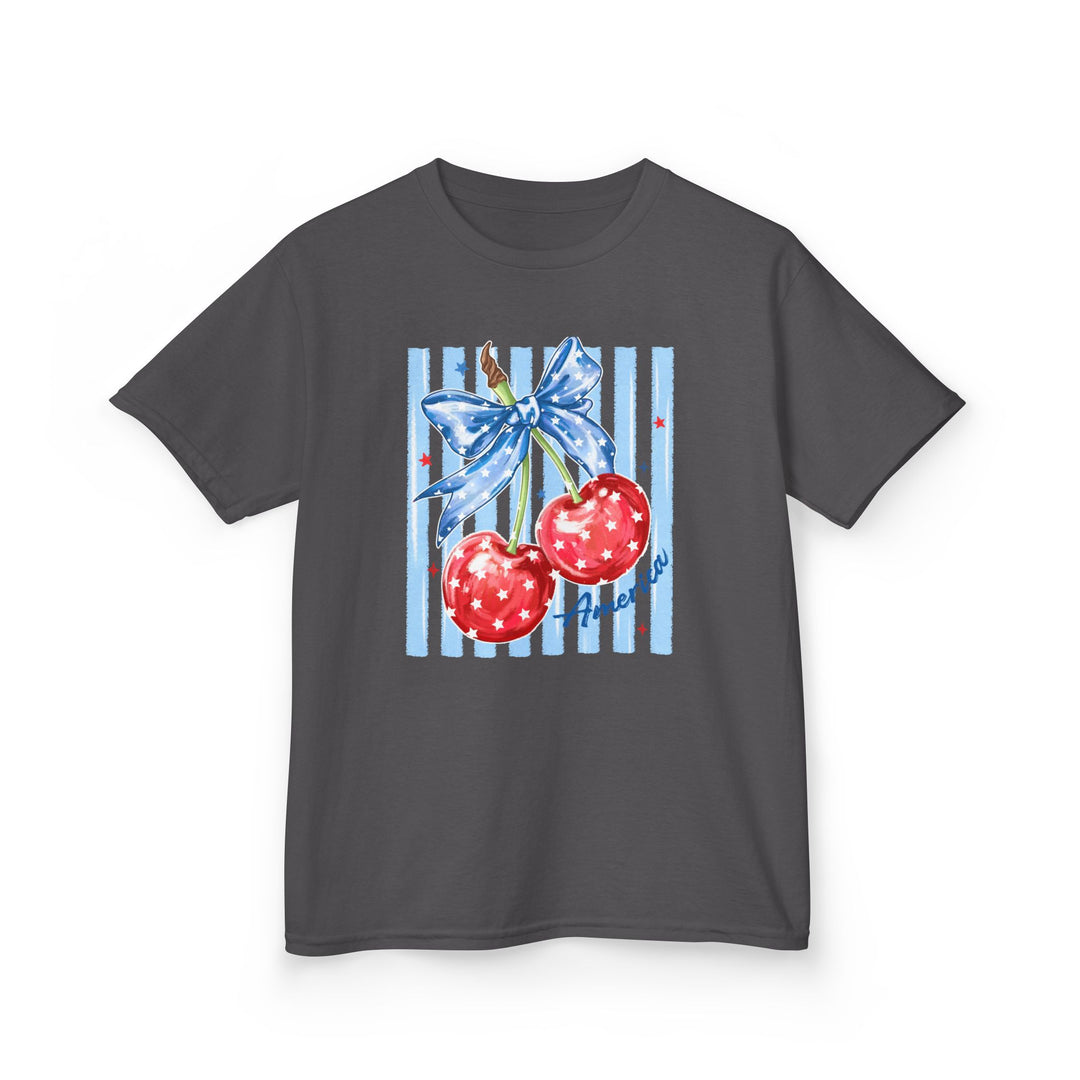 American Cherry Kids Tee features red cherries with stars, a blue ribbon, and America text on a dark-gray background, offering a patriotic design.