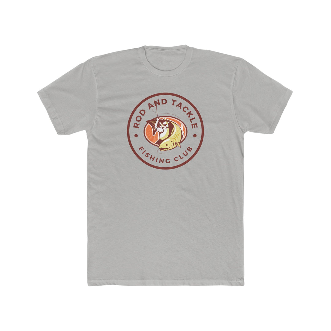 Rod and Tackle Fishing Club Tee: A men's t-shirt with a fishing club logo, perfect for workouts or daily wear. 100% cotton, light fabric, premium fit. Sizes XS to 4XL.