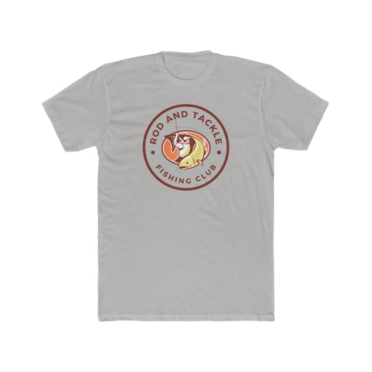Rod and Tackle Fishing Club Tee: A men's t-shirt with a fishing club logo, perfect for workouts or daily wear. 100% cotton, light fabric, premium fit. Sizes XS to 4XL.