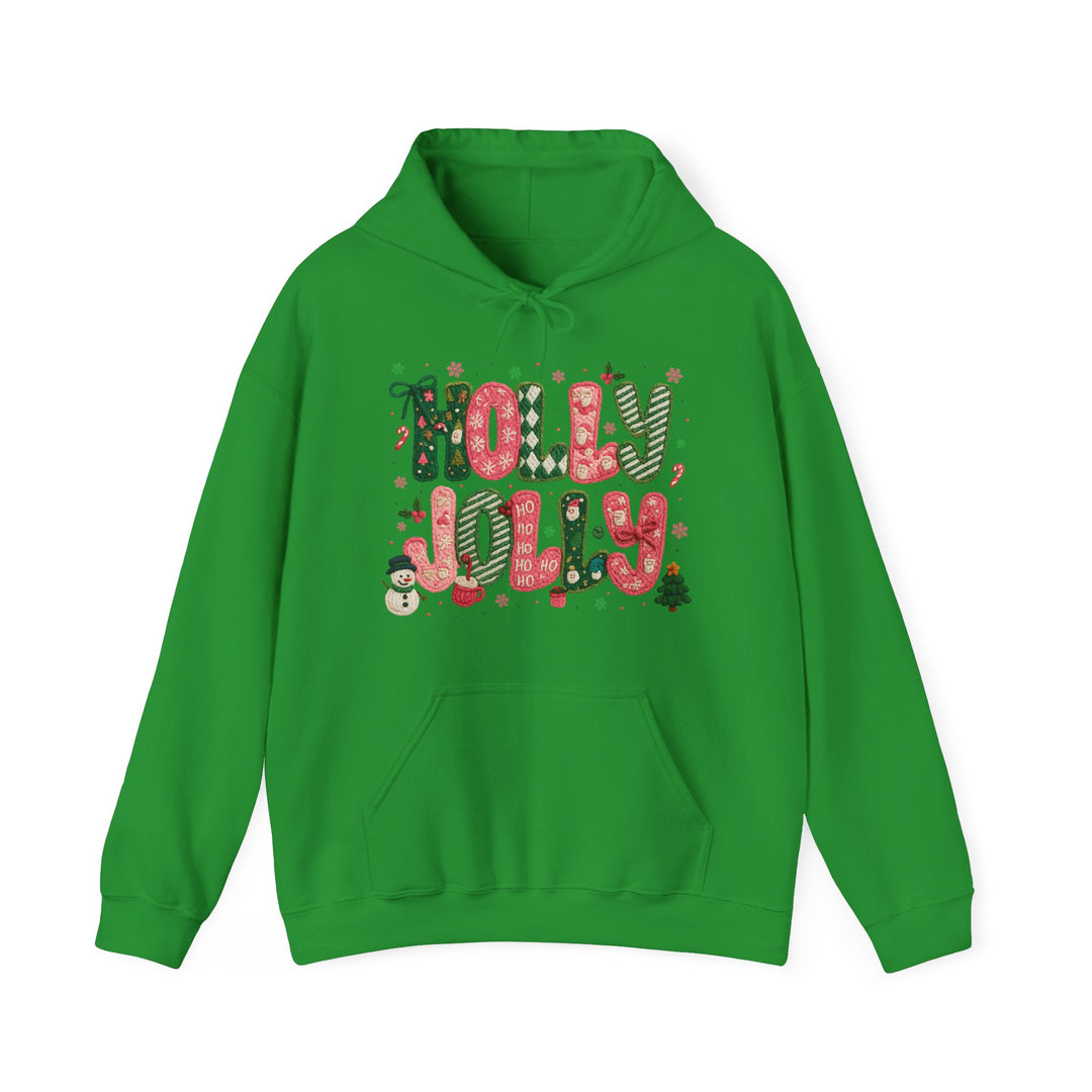Bright green Holly Jolly hoodie with festive graphic and seasonal icons, featuring a kangaroo pocket and drawstring hood, ideal for cozy holiday wear.