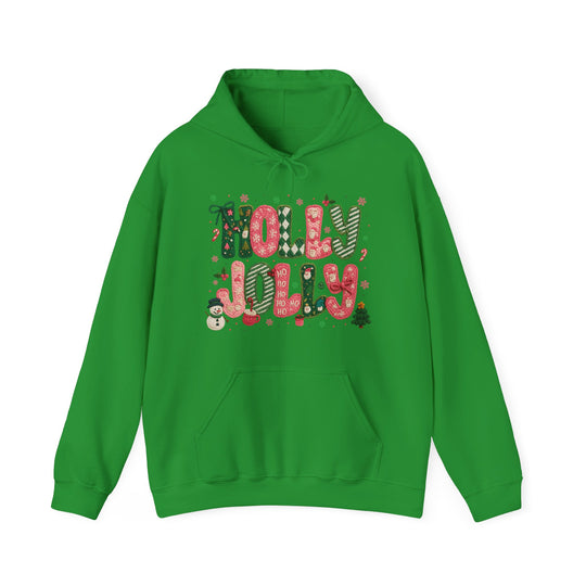 Bright green Holly Jolly hoodie with festive graphic and seasonal icons, featuring a kangaroo pocket and drawstring hood, ideal for cozy holiday wear.