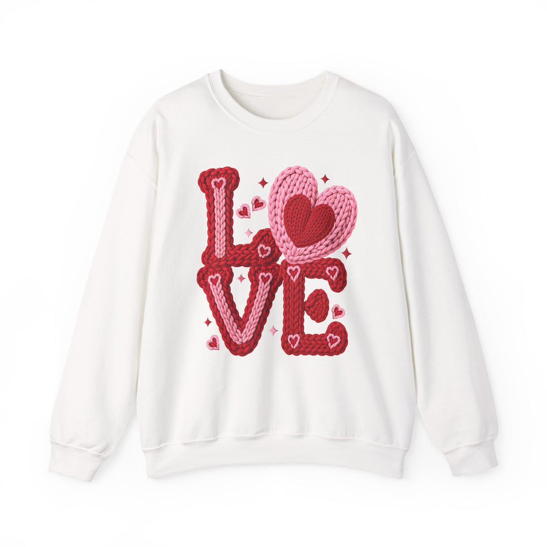 Love Heart Crew sweatshirt featuring LOVE in chunky knit yarn style with heart and sparkle accents, offering a comfortable, unisex fit from Faith Family Designs.