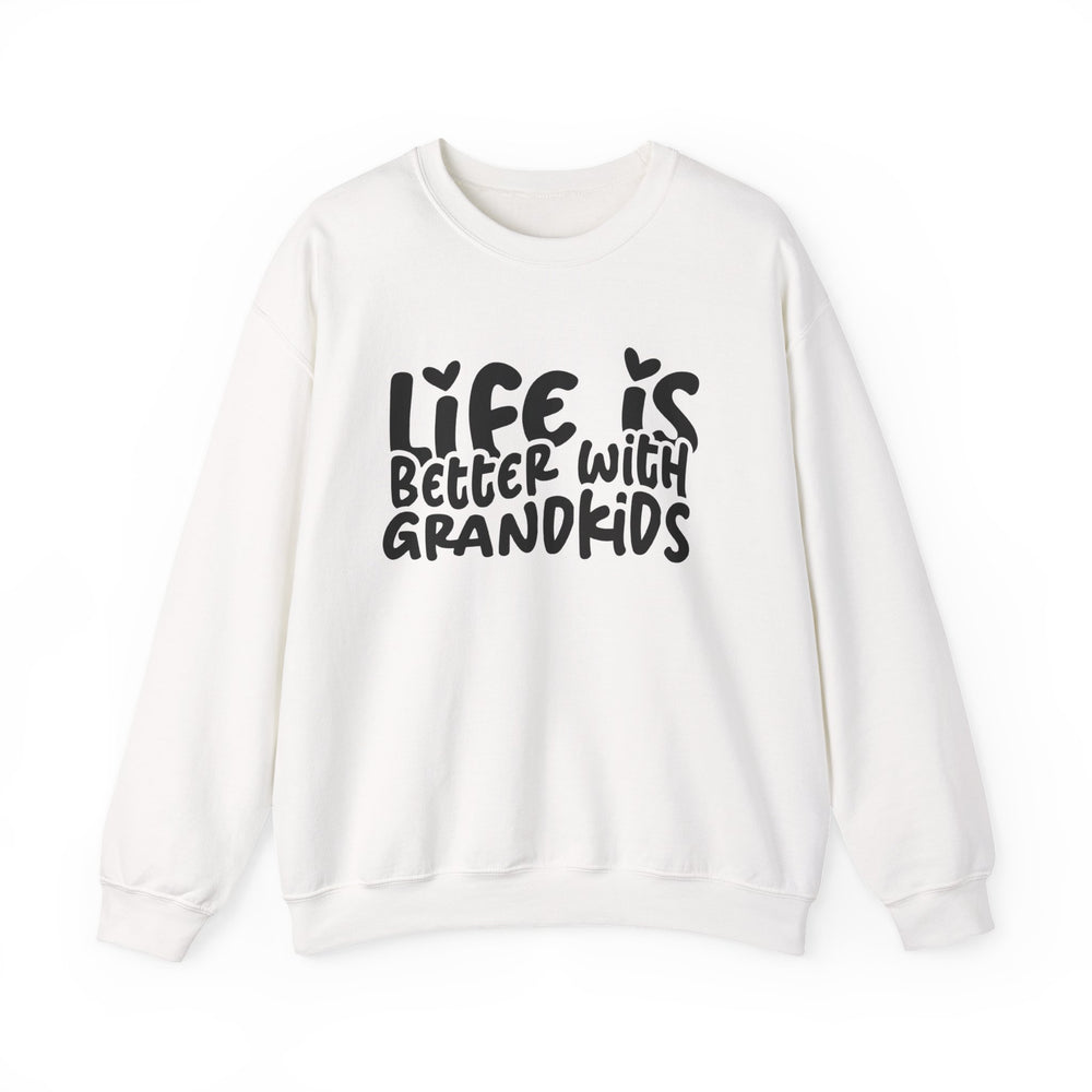White crewneck sweatshirt with Life is Better With Grandkids in bold black print, featuring heart accents. Ideal for comfort, made from a polyester-cotton blend.