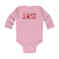 Baby's Love Onesie: Soft pink long-sleeve bodysuit with LOVE in chenille letters, featuring durable snap closures for easy diaper changes. Ideal for comfort and style.