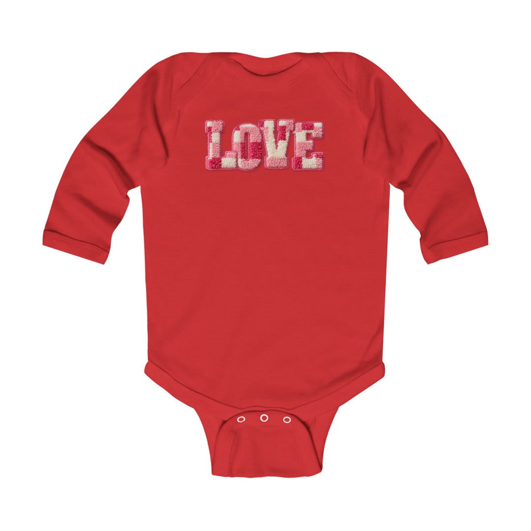 Infant Love onesie features a red long-sleeve design with chenille applique, offering comfort and easy changes with snap closures. Perfect for stylish, durable baby wear.