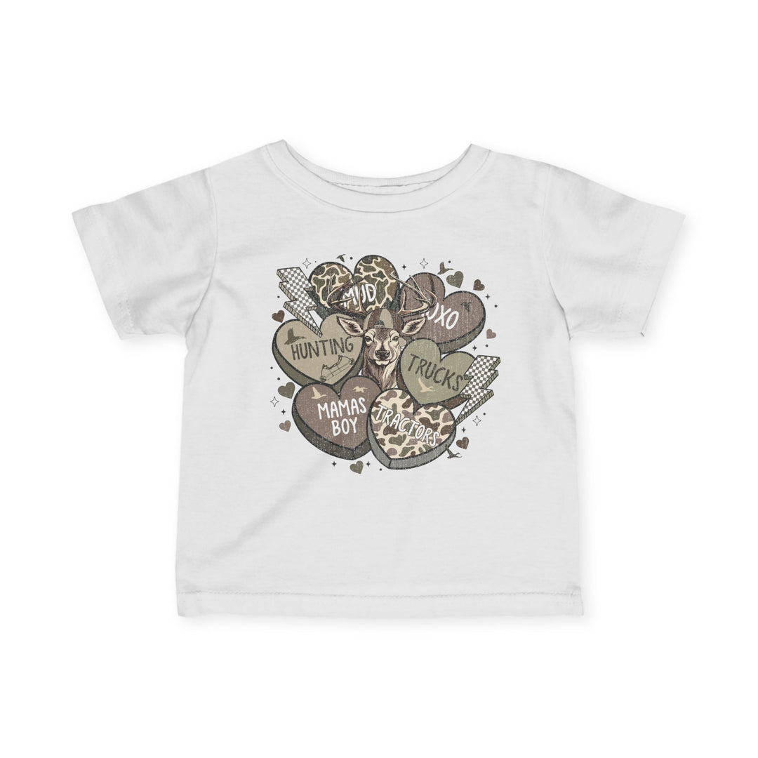Boy Valentine Baby Tee featuring heart-shaped balloons with rustic patterns and phrases, alongside a deer head, creating a country-chic vibe for toddlers.