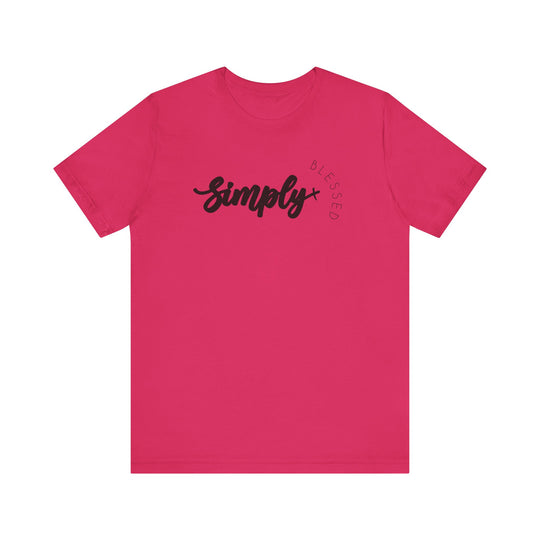 Simply Blessed Tee: Unisex pink t-shirt with black text, featuring soft cotton and a retail fit. Classic design with ribbed knit collars and durable seams.