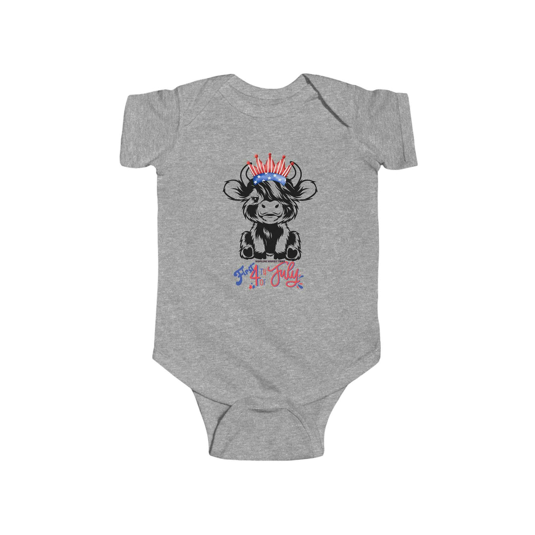 A grey baby bodysuit featuring a cow with a crown, perfect for infants. Made of 100% cotton, with ribbed knitting for durability and plastic snaps for easy changing. Ideal for 4th of July celebrations.
