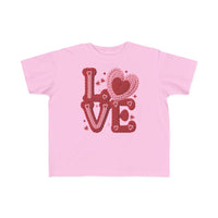 Light-pink “Love Heart Toddler Tee” with chunky yarn-style “LOVE” graphic and overlapping heart motifs, designed for toddler comfort and durability.