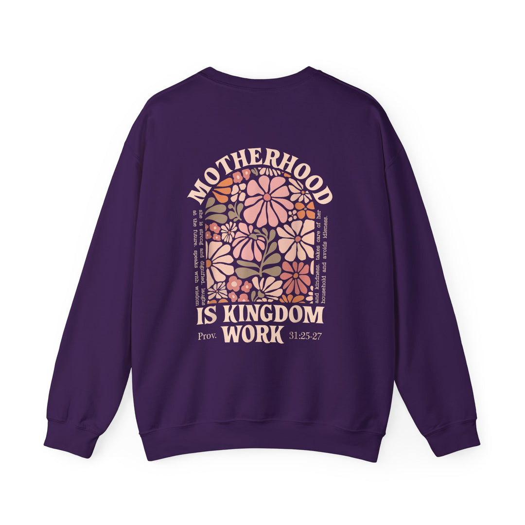 Back view of the Motherhood Kingdom Work Crew sweatshirt with floral arch graphic and scripture reference, emphasizing comfort and unisex design.