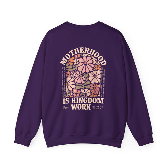 Back view of the Motherhood Kingdom Work Crew sweatshirt with floral arch graphic and scripture reference, emphasizing comfort and unisex design.