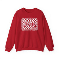 Red crewneck sweatshirt with What a Friend We Have in Jesus graphic, featuring bold Jesus text on a wavy checkerboard. Christian-themed, cozy cotton-polyester blend.
