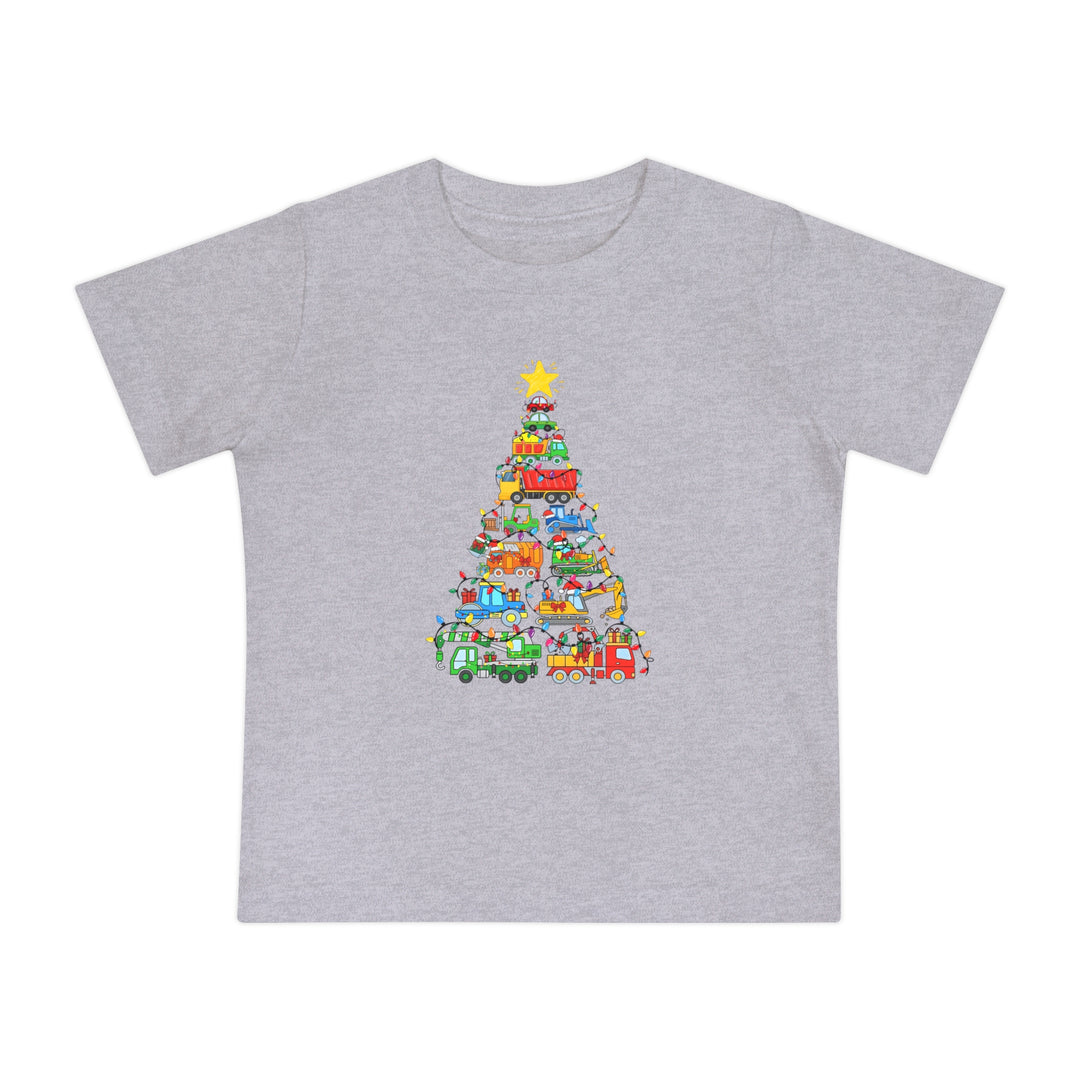 Christmas Truck Baby Tee: Light heather-gray T-shirt with construction vehicles forming a Christmas tree, adorned with colorful lights, ideal for stylish, comfortable wear.