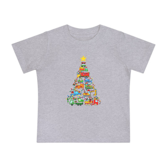 Christmas Truck Baby Tee: Light heather-gray T-shirt with construction vehicles forming a Christmas tree, adorned with colorful lights, ideal for stylish, comfortable wear.