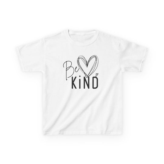 Be Kind Kids Tee: A white, short-sleeved T-shirt featuring “Be Kind” in black script and bold letters with a heart graphic on the front.