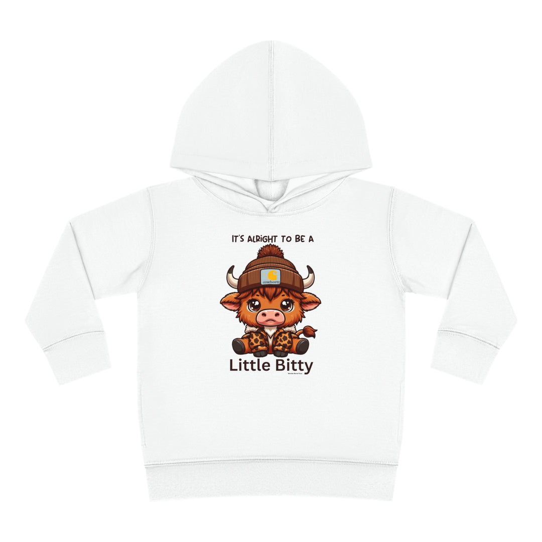 Little Bitty Toddler Hoodie featuring a cartoon cow design, jersey-lined hood, and side seam pockets. Made of 60% cotton, 40% polyester for durability and coziness. Dimensions: 2T - 15.62L x 14.50W.
