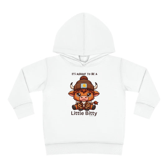 Little Bitty Toddler Hoodie featuring a cartoon cow design, jersey-lined hood, and side seam pockets. Made of 60% cotton, 40% polyester for durability and coziness. Dimensions: 2T - 15.62L x 14.50W.