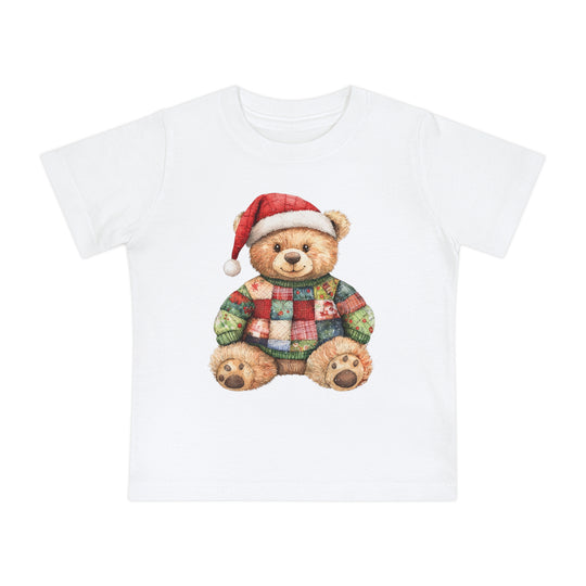 Christmas Bear Baby Tee: A white cotton t-shirt featuring a teddy bear with a Santa hat and patchwork sweater, designed for baby comfort and durability.